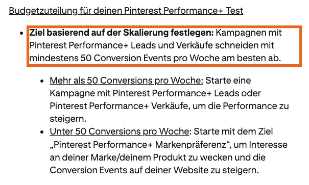 Pinterest-Hilfeseite zu Performance+ mit markierter Passage zur Mindestbasis von 50 Conversion Events pro Woche