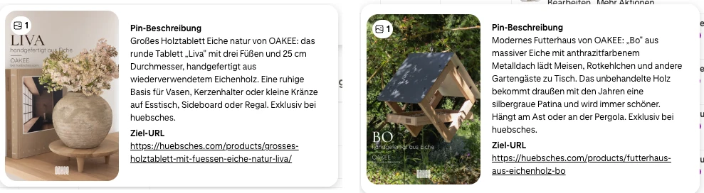Zwei Pinterest-Anzeigen im Vergleich: gestylter Szenen-Pin des Liva-Tabletts neben dem produktklaren Vogelfutterhaus-Pin