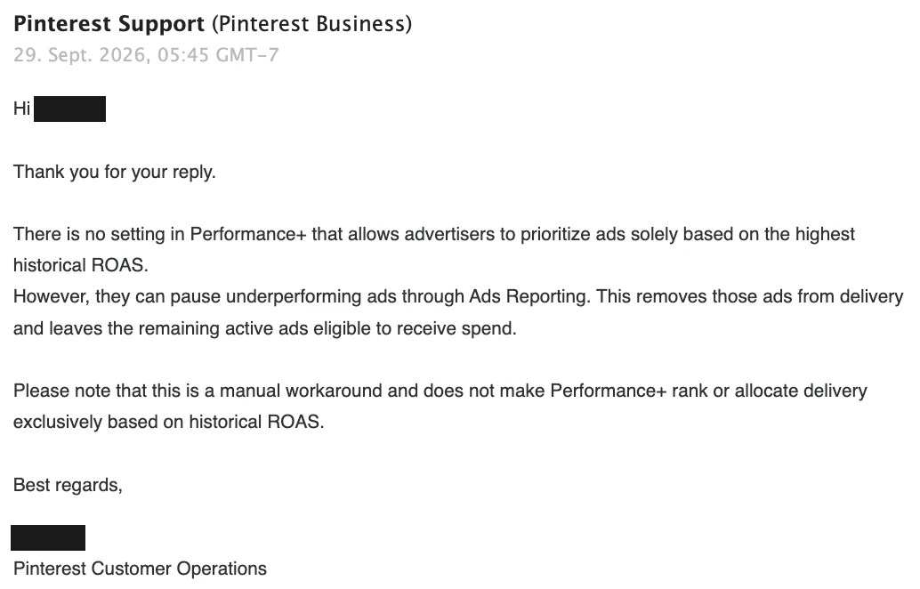 Offizielle Antwort von Pinterest Customer Operations: keine Einstellung für ROAS-basierte Budgetverteilung in Performance+