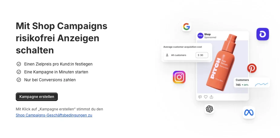 Der Einstiegsbildschirm von Shop Campaigns im Shopify-Admin: Zielpreis festlegen, Kampagne starten, nur bei Conversions zahlen