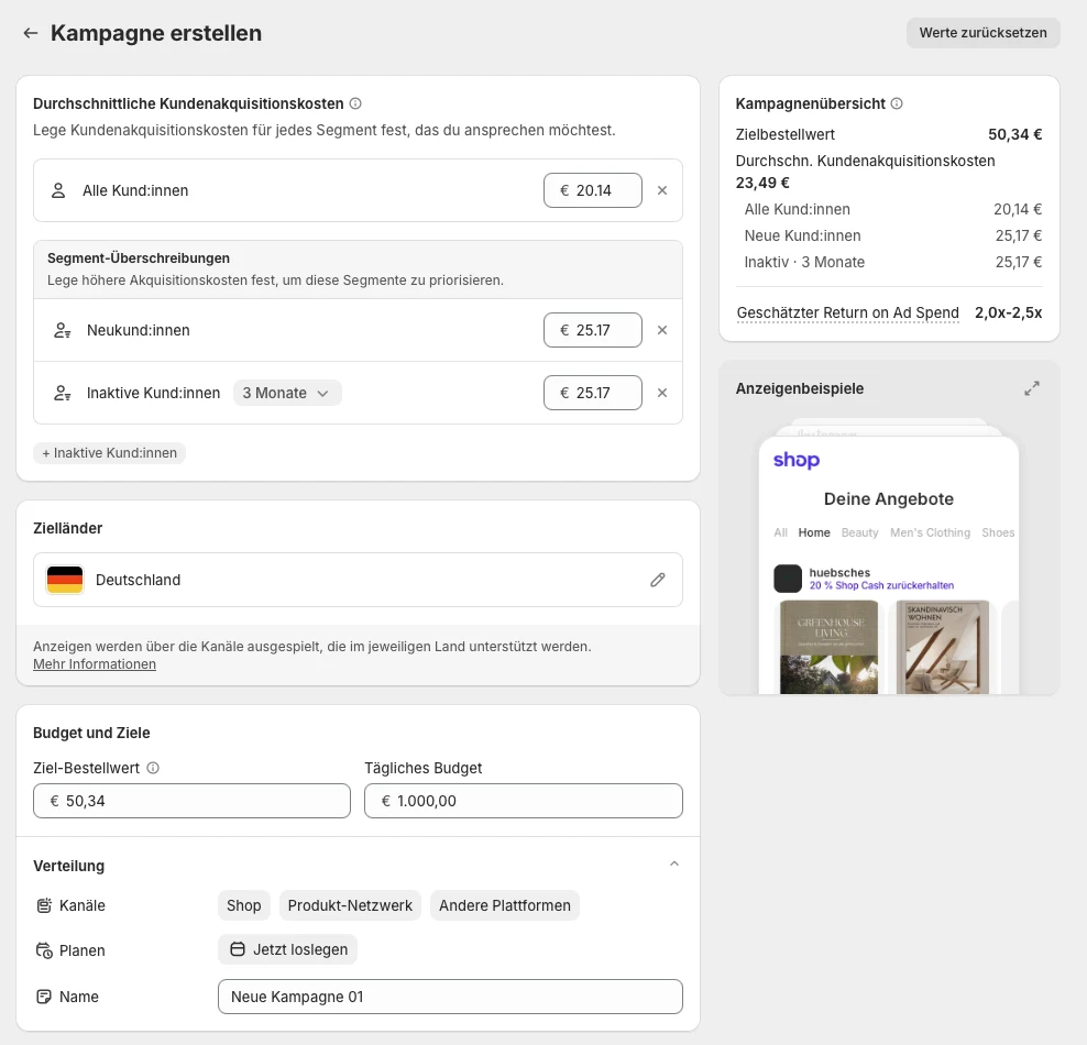 Die Kampagnen-Einrichtung von Shop Campaigns im deutschen Shopify-Admin: Akquisitionskosten je Segment, Zielland Deutschland, Ziel-Bestellwert und Tagesbudget