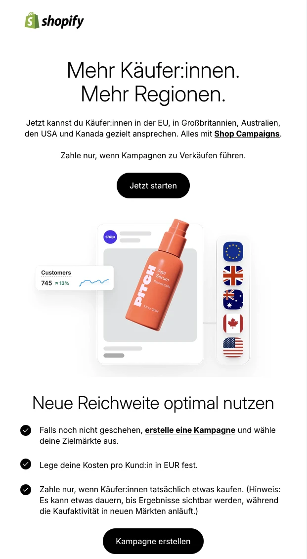 Shopify-Newsletter mit der Ankündigung: Shop Campaigns jetzt live in der EU, Großbritannien und Australien