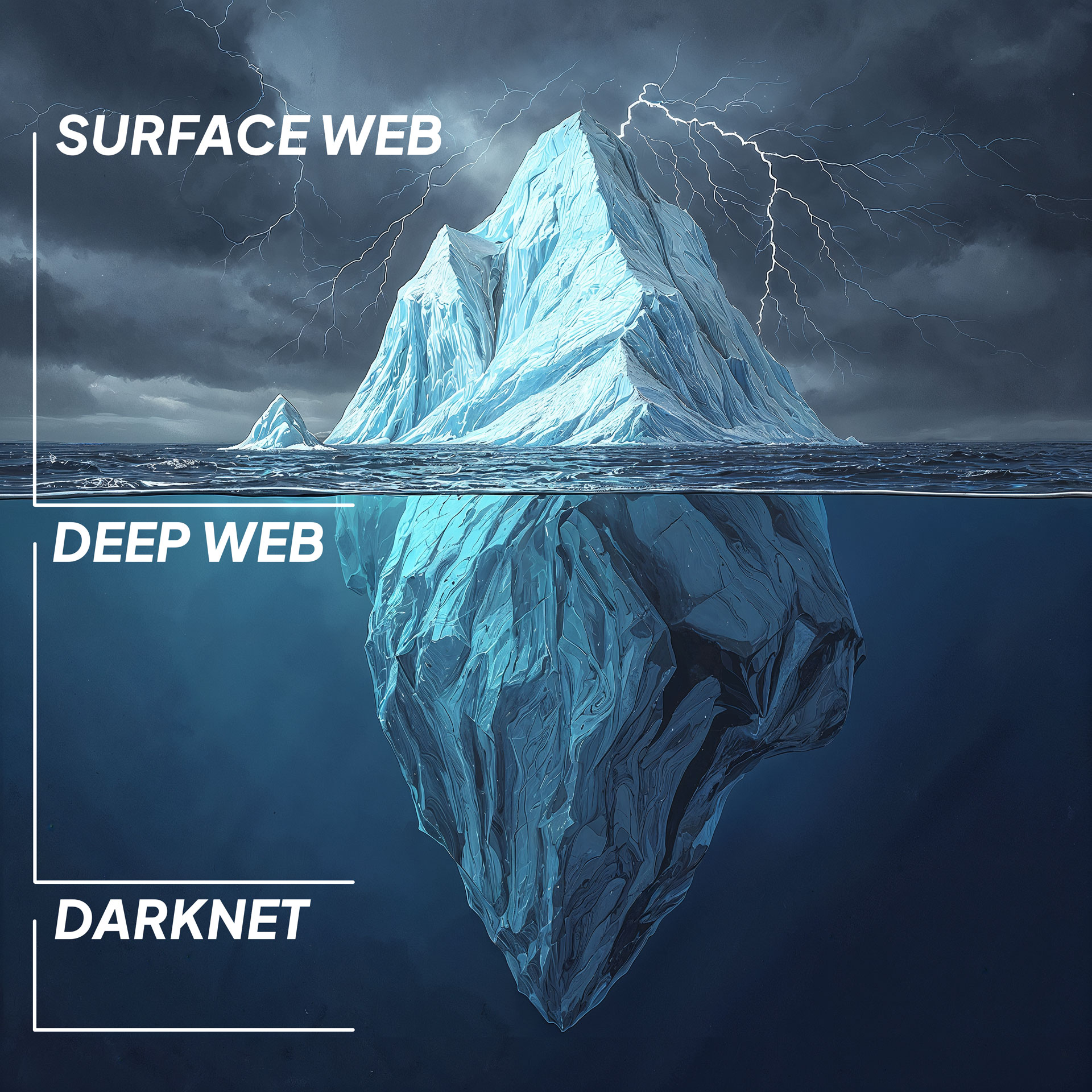 Illustration eines Eisbergs, der in drei Bereiche unterteilt ist: Surface Web oberhalb des Wassers, Deep Web knapp darunter und Darknet im tiefsten Bereich