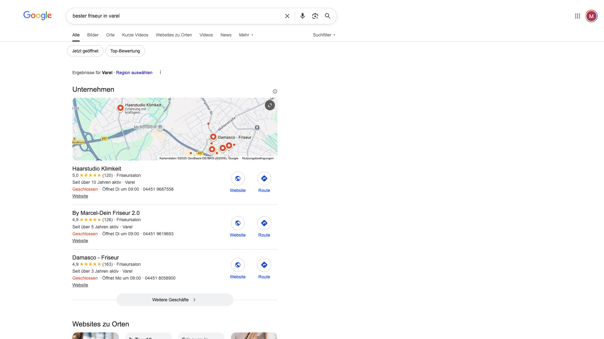 Screenshot der Google-Suchergebnisse für „bester Friseur in Varel“ mit Local Pack und Kartenansicht.